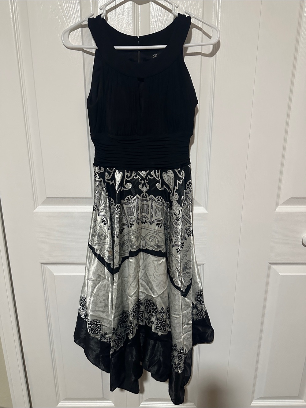 Signature by Sangria Black and Silver Midi Dress with Patterned Skirt